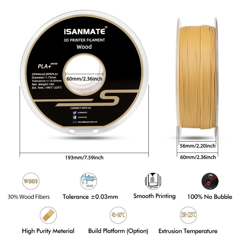 iSANMATE PLA+ BOX WOOD 1.75mm Filament 1kg roll